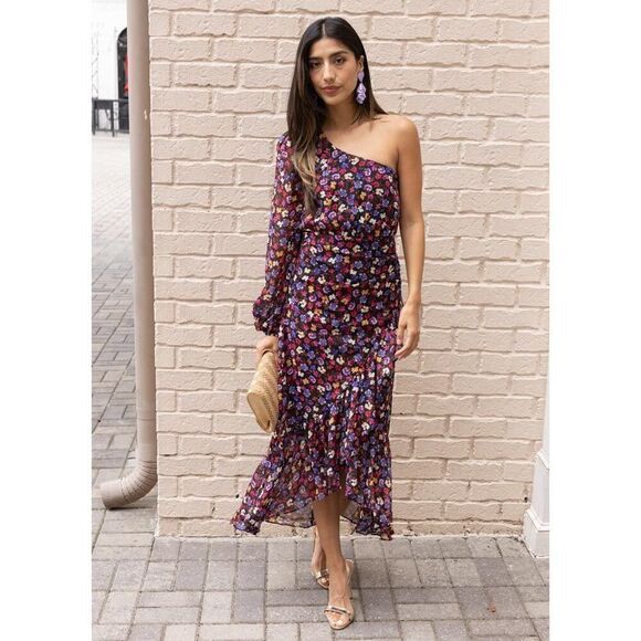 NWOT ASTR The Label Calista Floral Blue Red Ditsy One Shoulder Midi Dress L - Picture 1 of 13